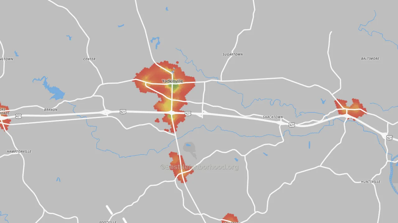Walk Grade map of Yadkinville, NC, walkable areas in green and car-dependent areas in red