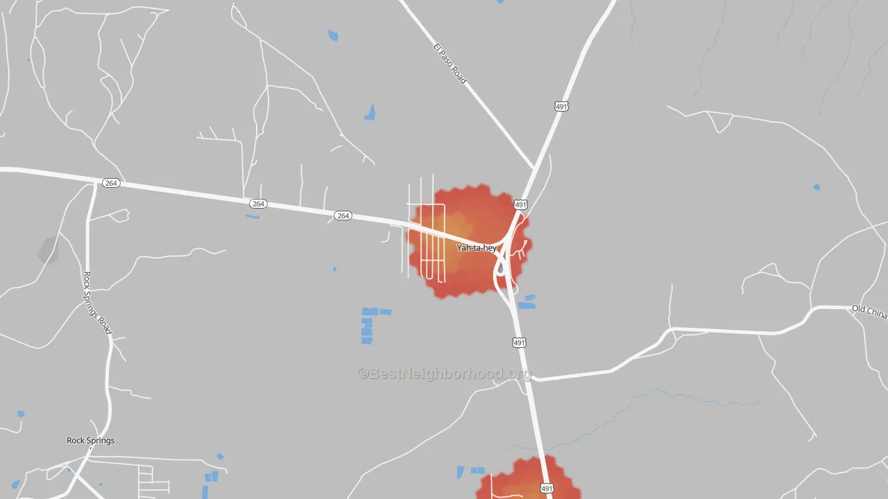 Walk Grade map of Yah-ta-hey, NM, walkable areas in green and car-dependent areas in red
