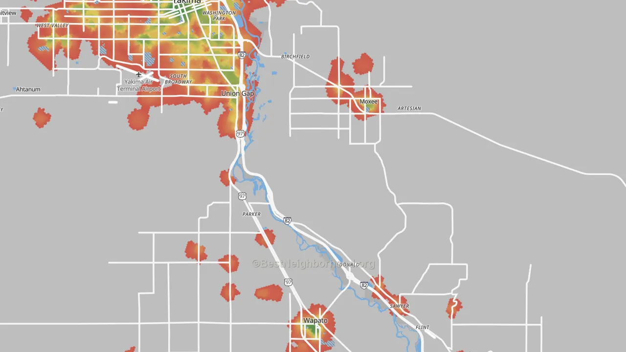 Walk Grade map of Yakima County, WA, walkable areas in green and car-dependent areas in red