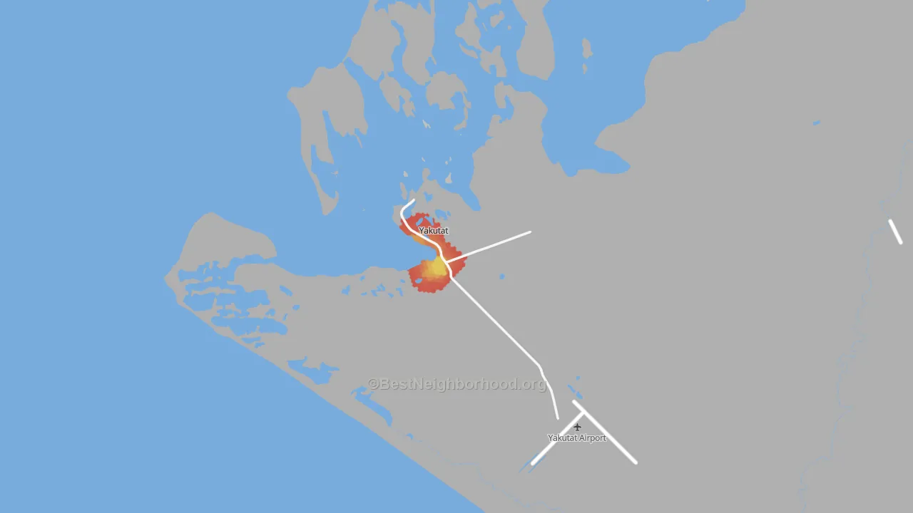 Walk Grade map of Yakutat, AK, walkable areas in green and car-dependent areas in red