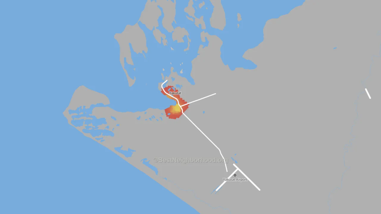 Walk Grade map of Yakutat City and Borough, AK, walkable areas in green and car-dependent areas in red