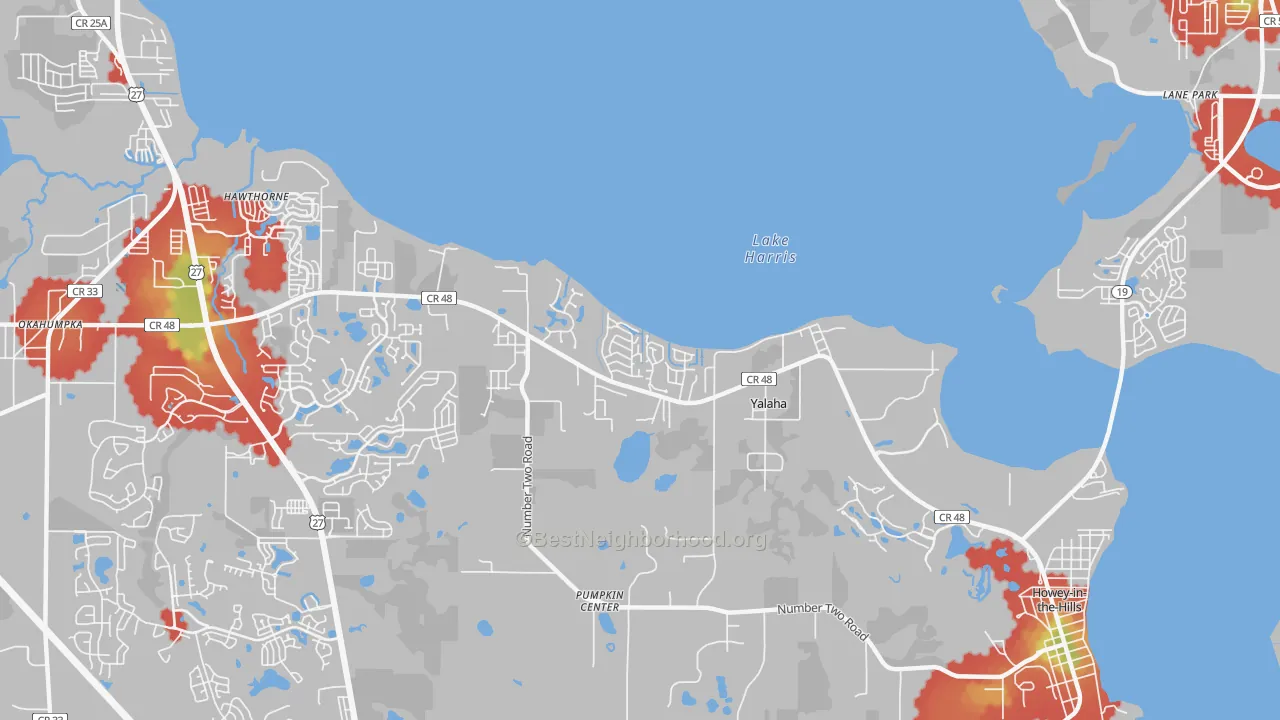 Walk Grade map of Yalaha, FL, walkable areas in green and car-dependent areas in red