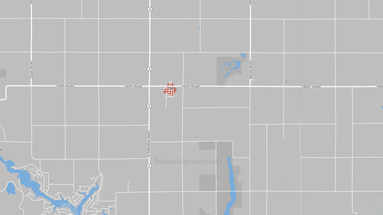 Walk Grade map of Yale, IA, walkable areas in green and car-dependent areas in red