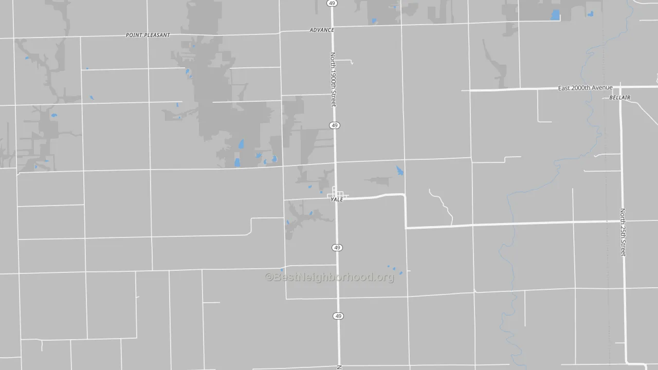 Walk Grade map of Yale, IL, walkable areas in green and car-dependent areas in red