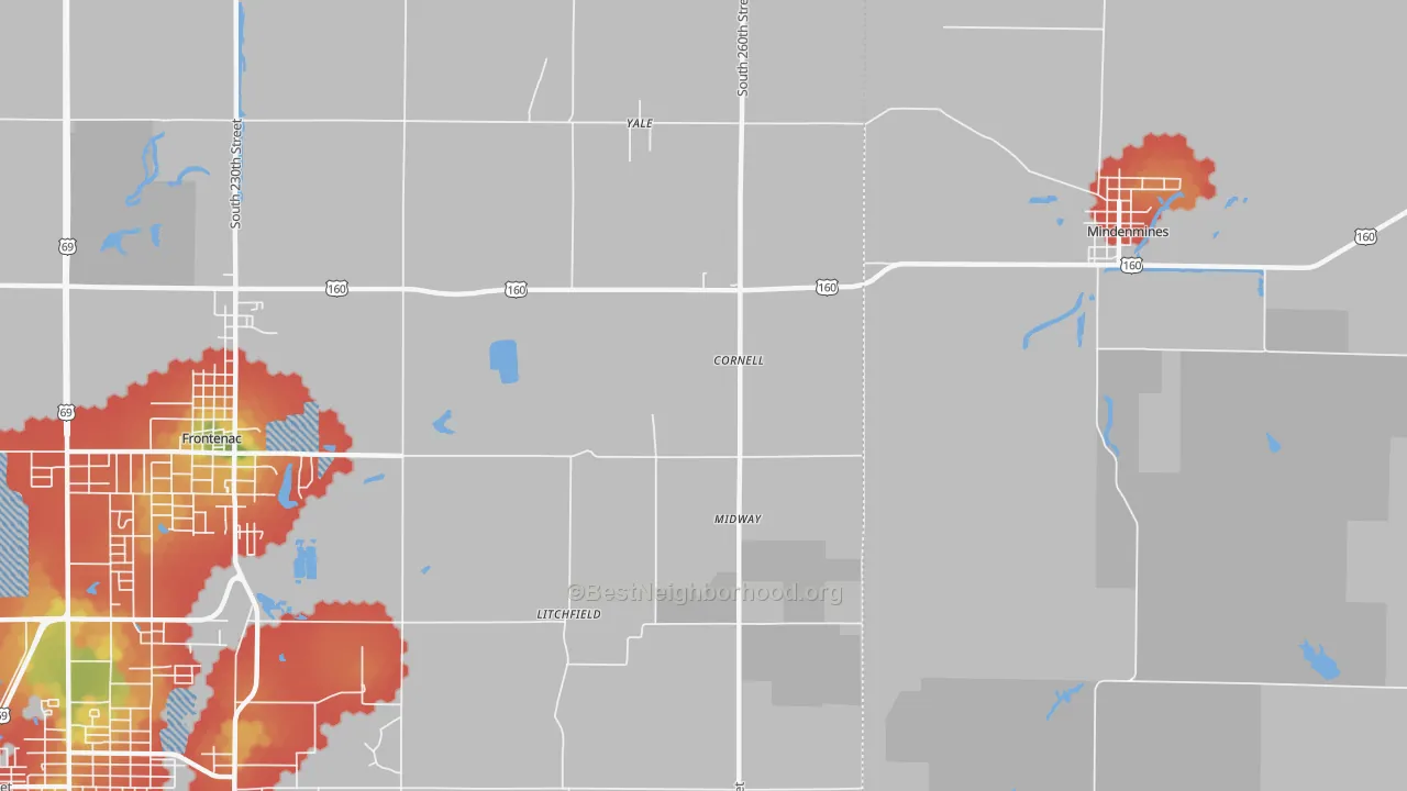 Walk Grade map of Yale, KS, walkable areas in green and car-dependent areas in red