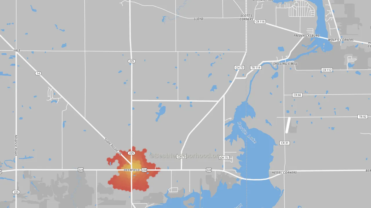 Walk Grade map of Yale, OH, walkable areas in green and car-dependent areas in red