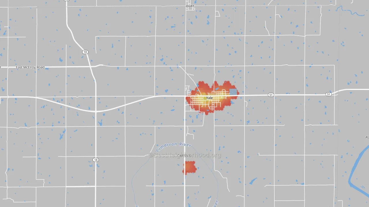 Walk Grade map of Yale, OK, walkable areas in green and car-dependent areas in red