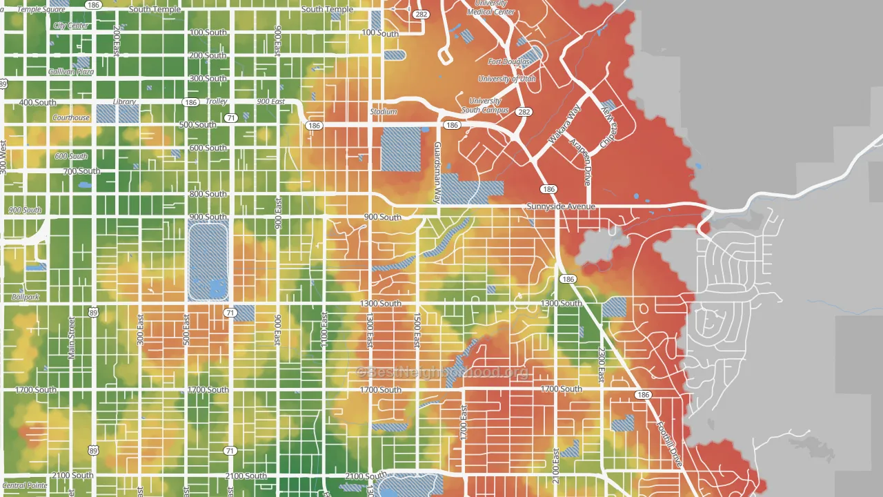 Walk Grade map of Yalecrest, Salt Lake City, UT, walkable areas in green and car-dependent areas in red
