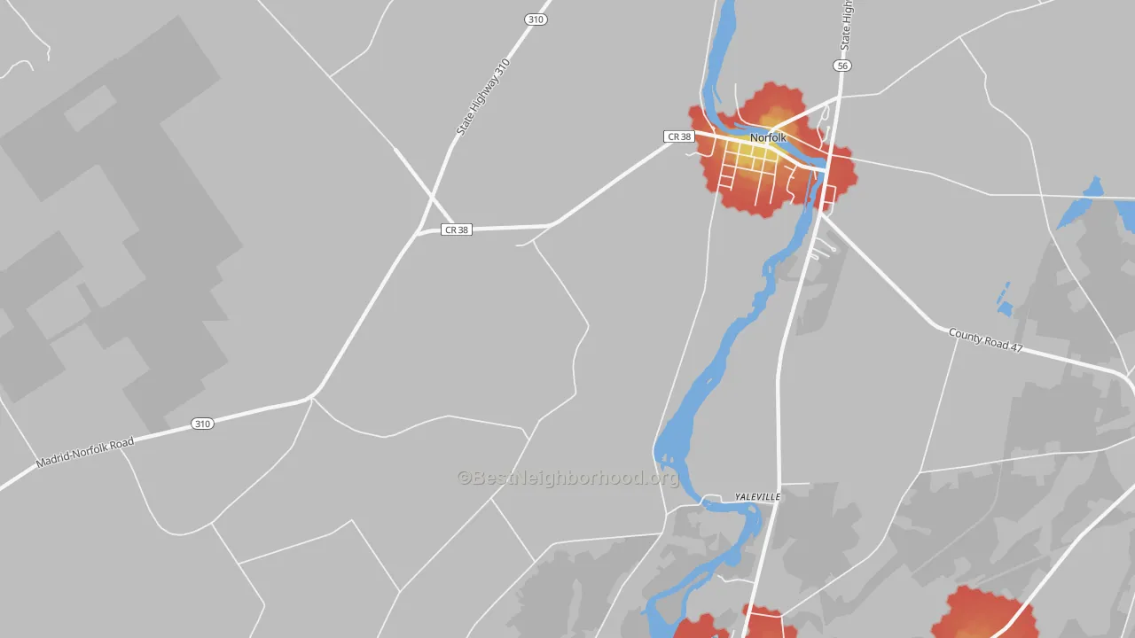 Walk Grade map of Yaleville, NY, walkable areas in green and car-dependent areas in red