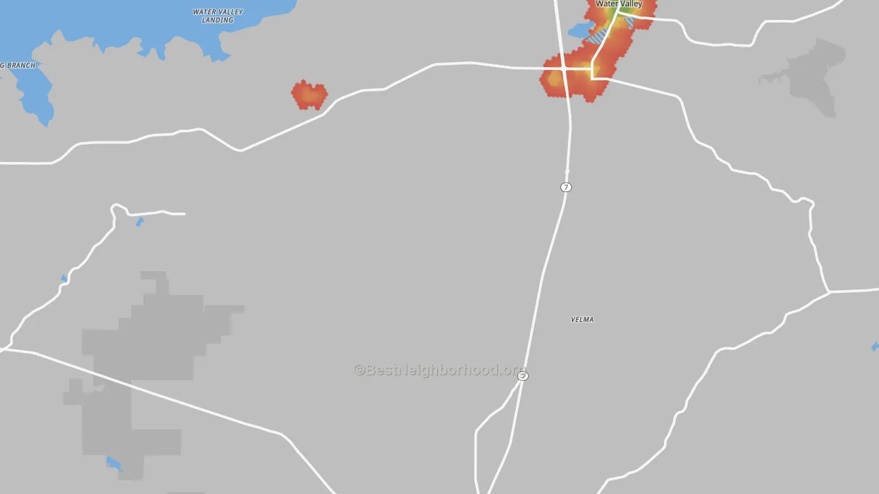 Walk Grade map of Yalobusha County, MS, walkable areas in green and car-dependent areas in red