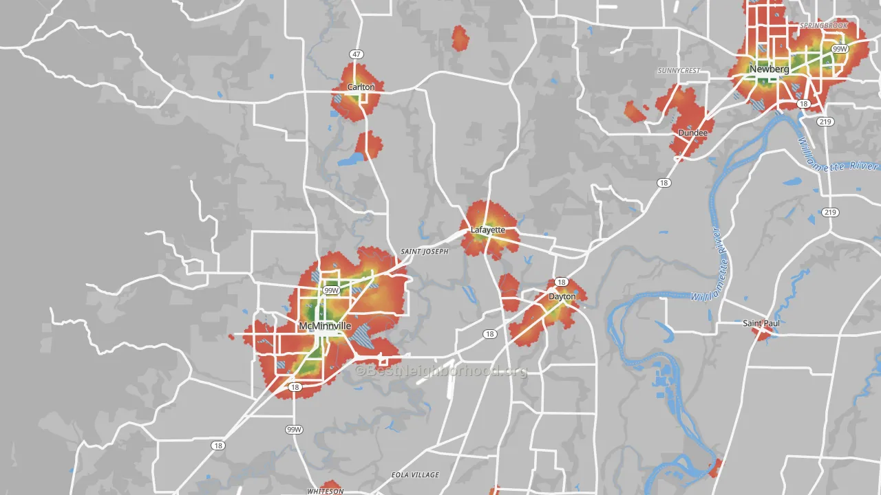 Walk Grade map of Yamhill County, OR, walkable areas in green and car-dependent areas in red