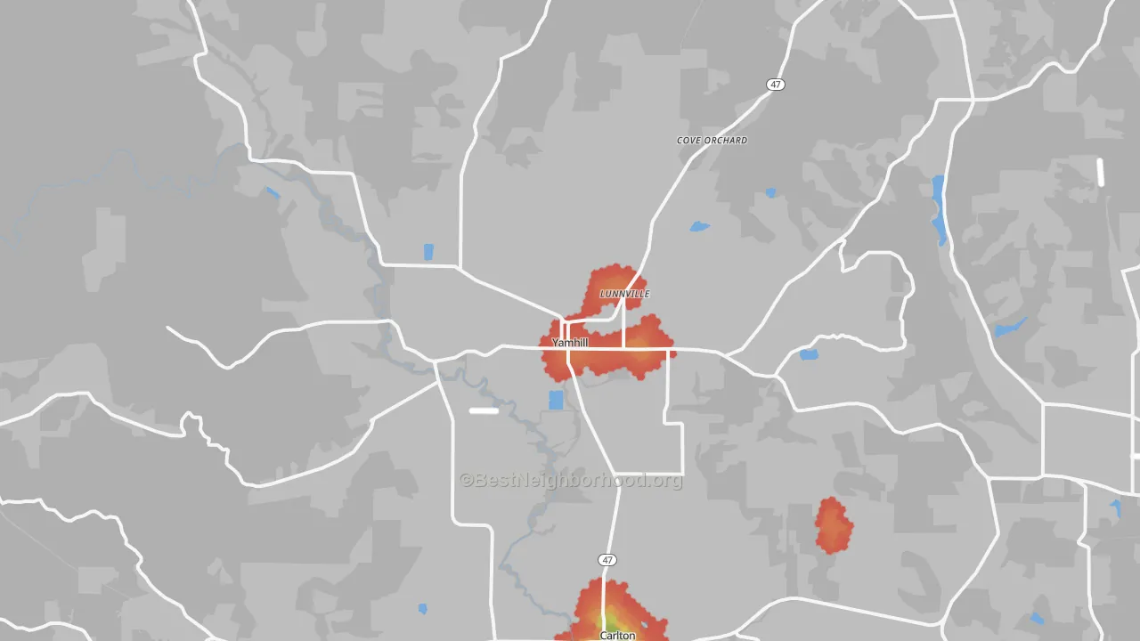 Walk Grade map of Yamhill, OR, walkable areas in green and car-dependent areas in red