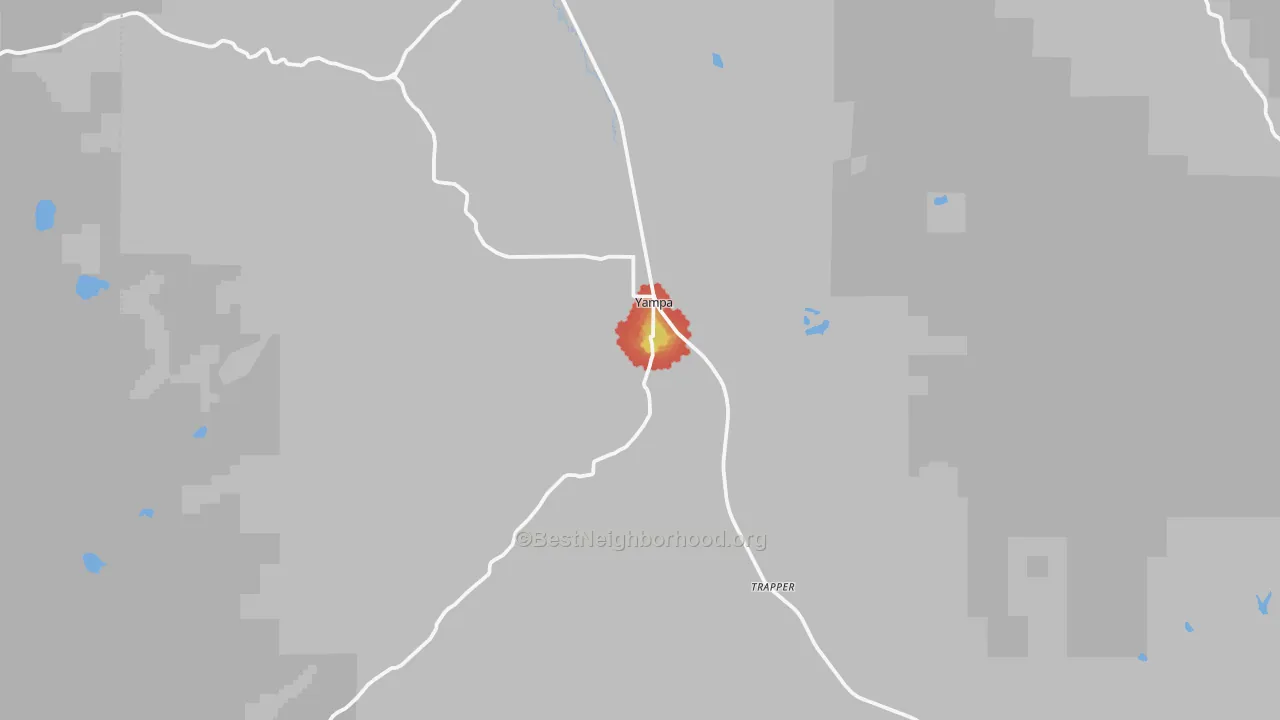 Walk Grade map of Yampa, CO, walkable areas in green and car-dependent areas in red