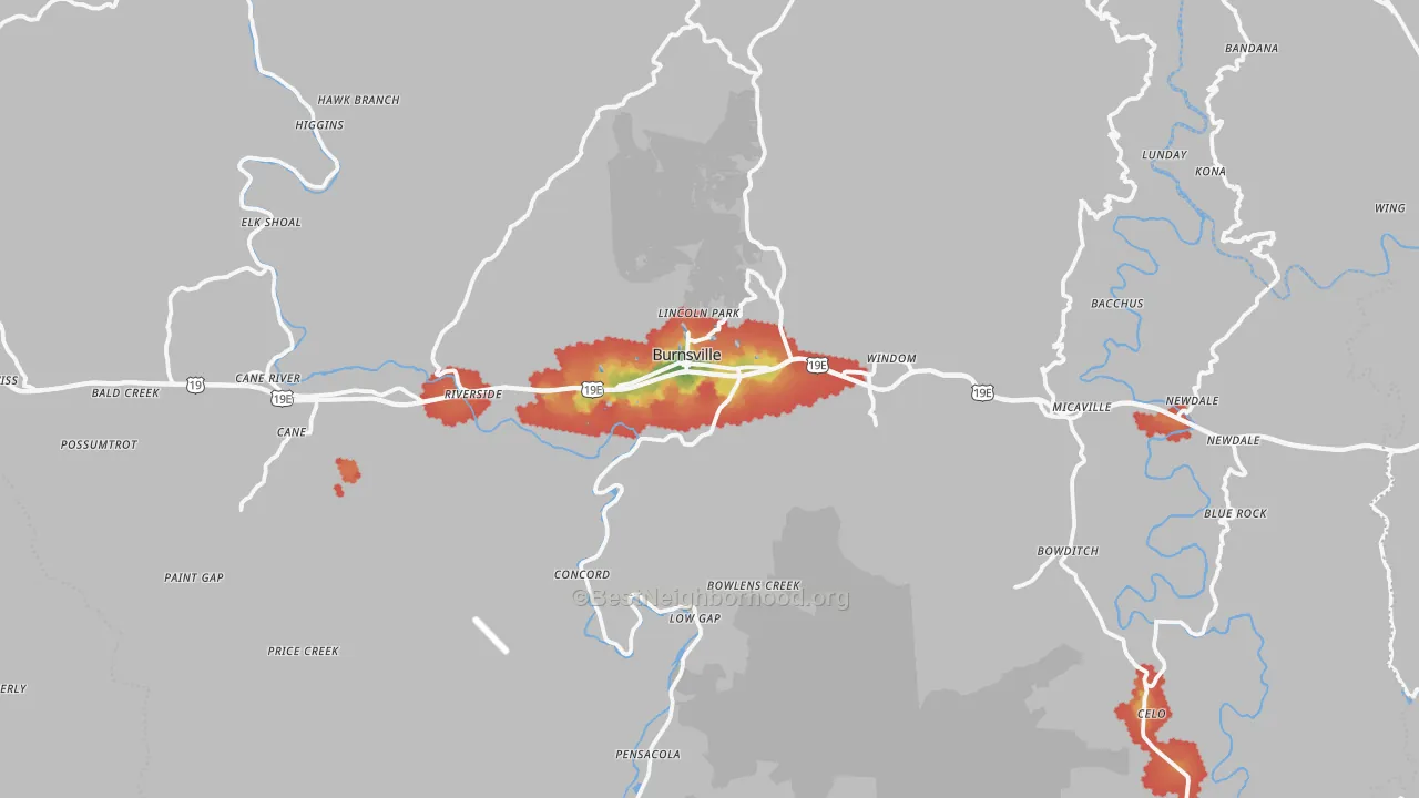 Walk Grade map of Yancey County, NC, walkable areas in green and car-dependent areas in red