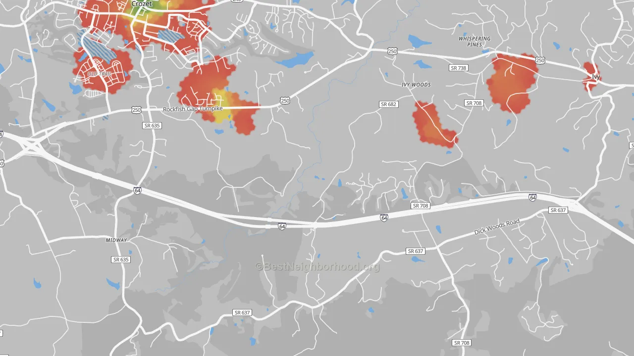 Walk Grade map of Yancey Mills, VA, walkable areas in green and car-dependent areas in red