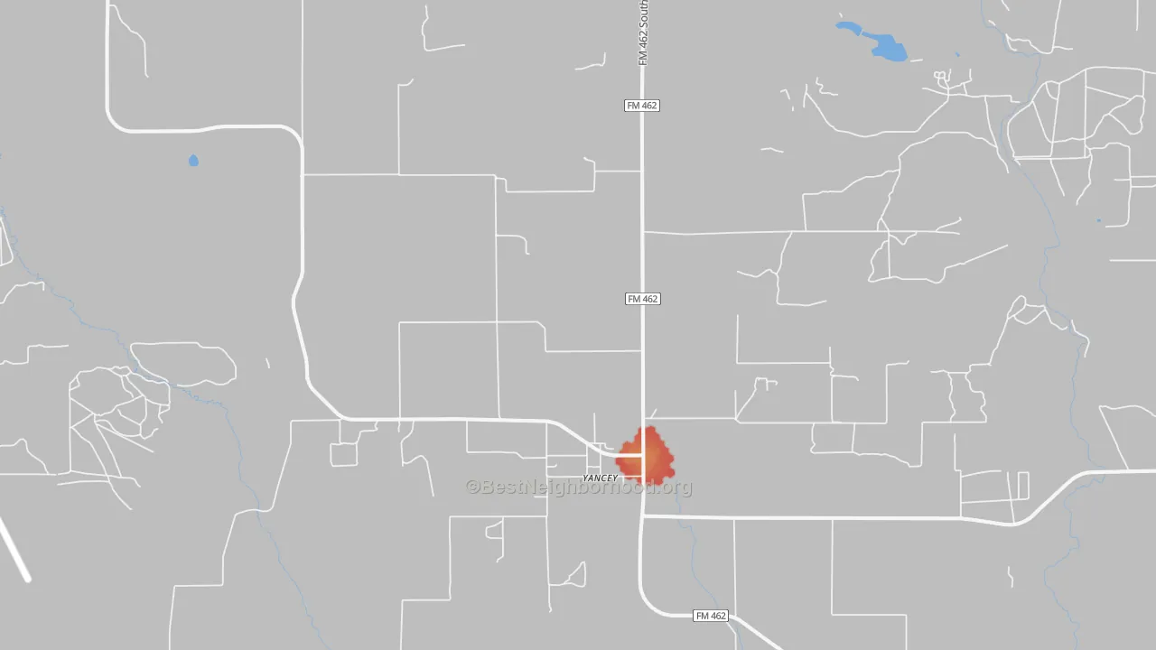 Walk Grade map of Yancey, TX, walkable areas in green and car-dependent areas in red