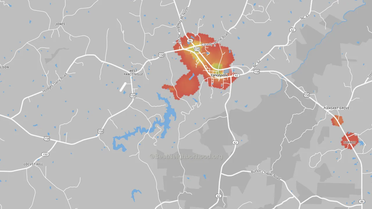 Walk Grade map of Yanceyville, NC, walkable areas in green and car-dependent areas in red