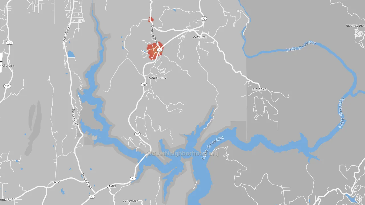 Walk Grade map of Yankee Hill, CA, walkable areas in green and car-dependent areas in red