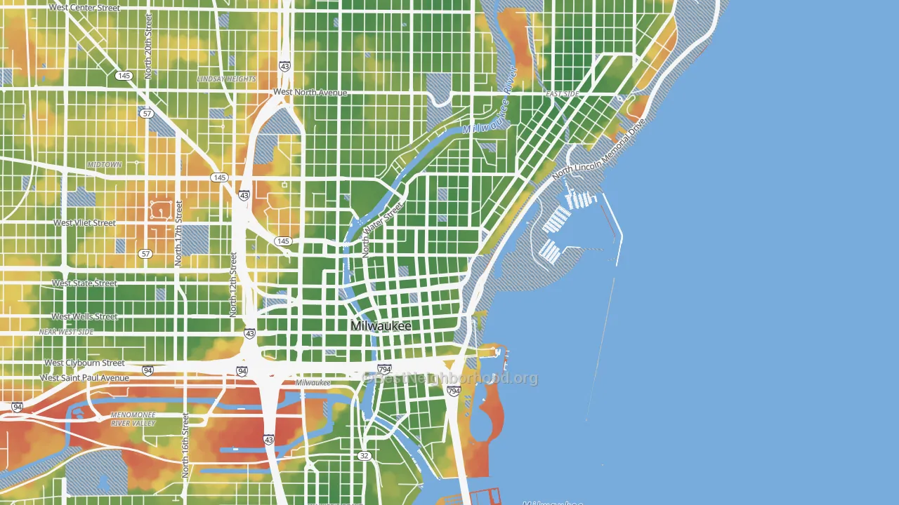 Walk Grade map of Yankee Hill, Milwaukee, WI, walkable areas in green and car-dependent areas in red