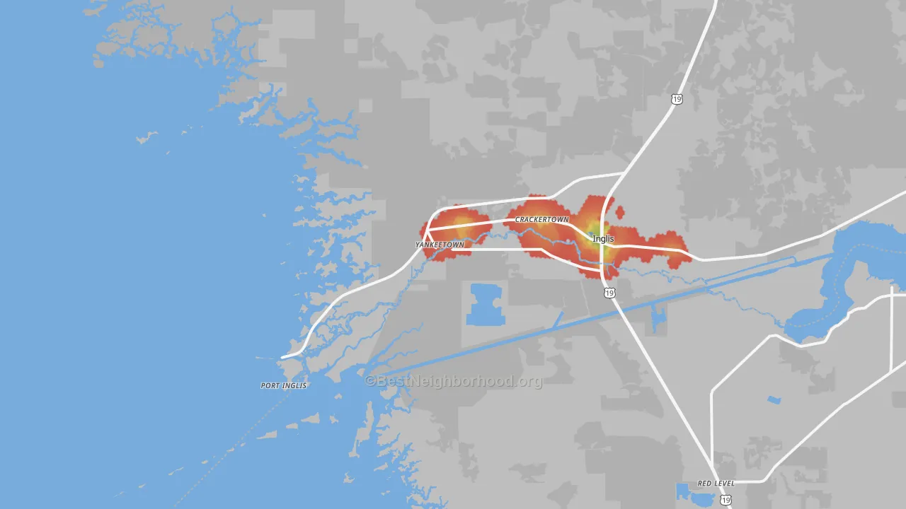 Walk Grade map of Yankeetown, FL, walkable areas in green and car-dependent areas in red