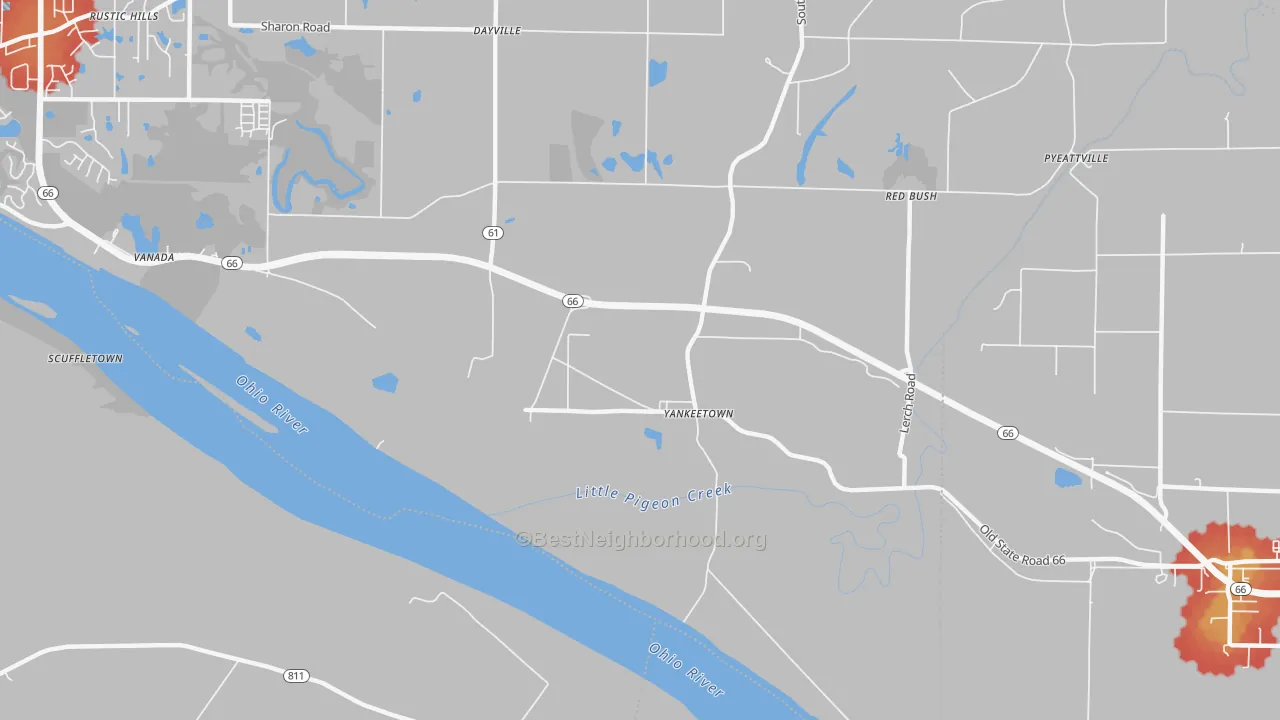 Walk Grade map of Yankeetown, IN, walkable areas in green and car-dependent areas in red