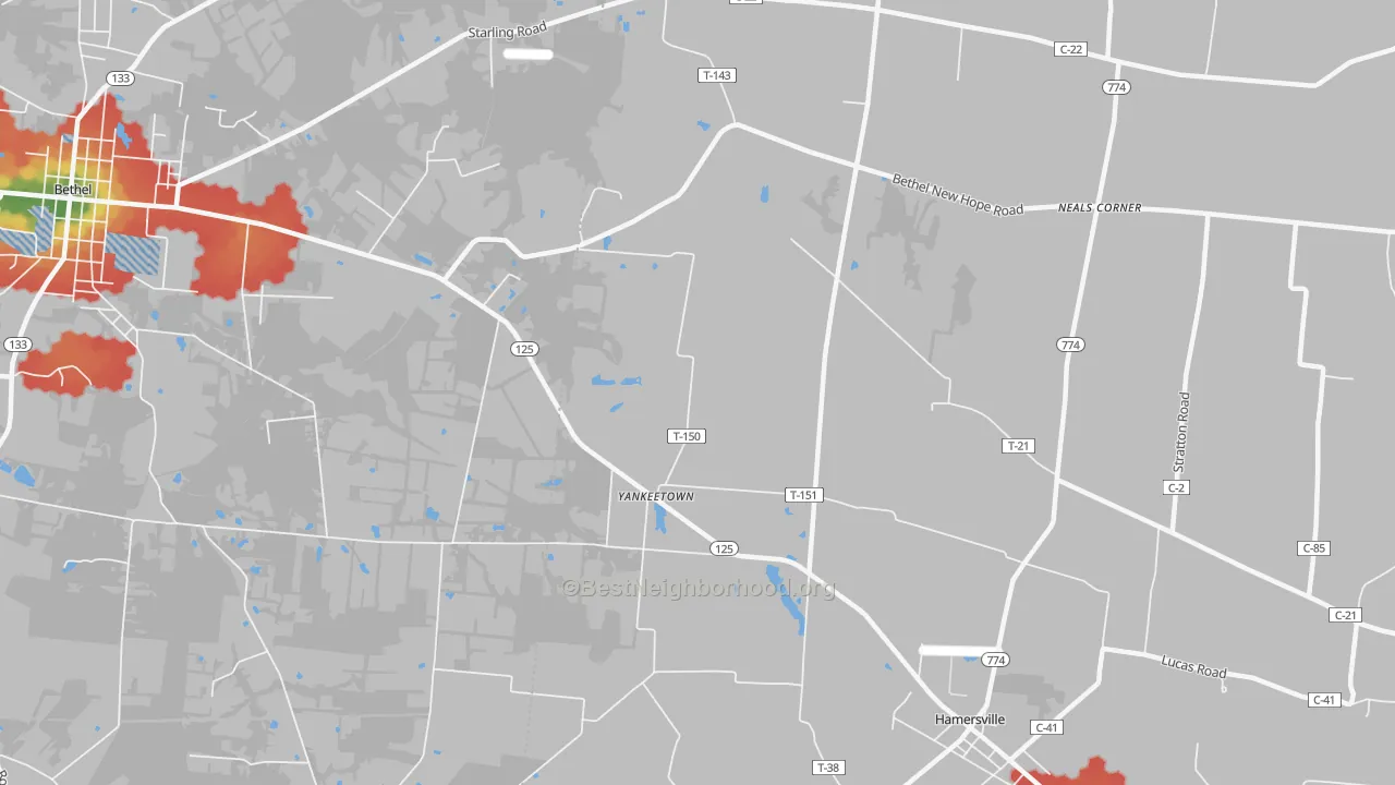 Walk Grade map of Yankeetown, OH, walkable areas in green and car-dependent areas in red