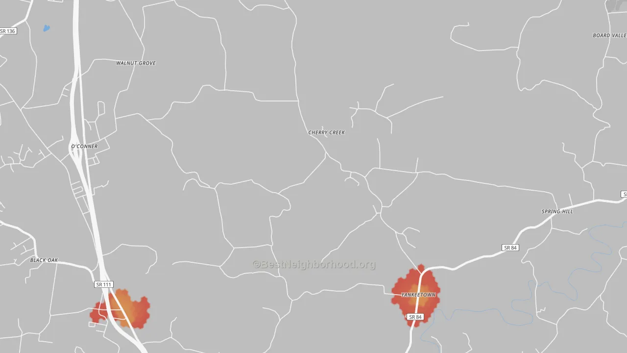 Walk Grade map of Yankeetown, TN, walkable areas in green and car-dependent areas in red
