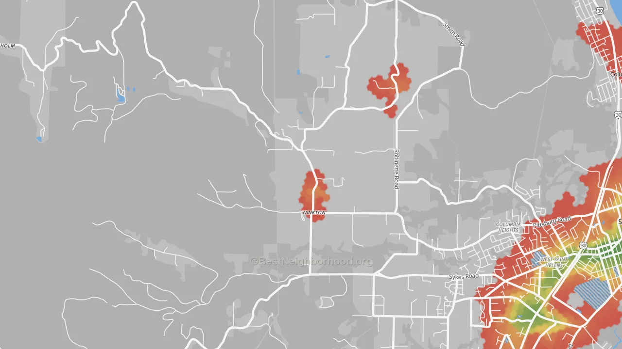 Walk Grade map of Yankton, OR, walkable areas in green and car-dependent areas in red
