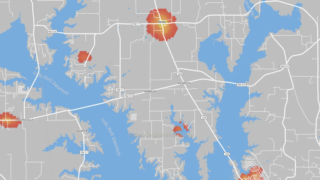 Walk Grade map of Yantis, TX, walkable areas in green and car-dependent areas in red