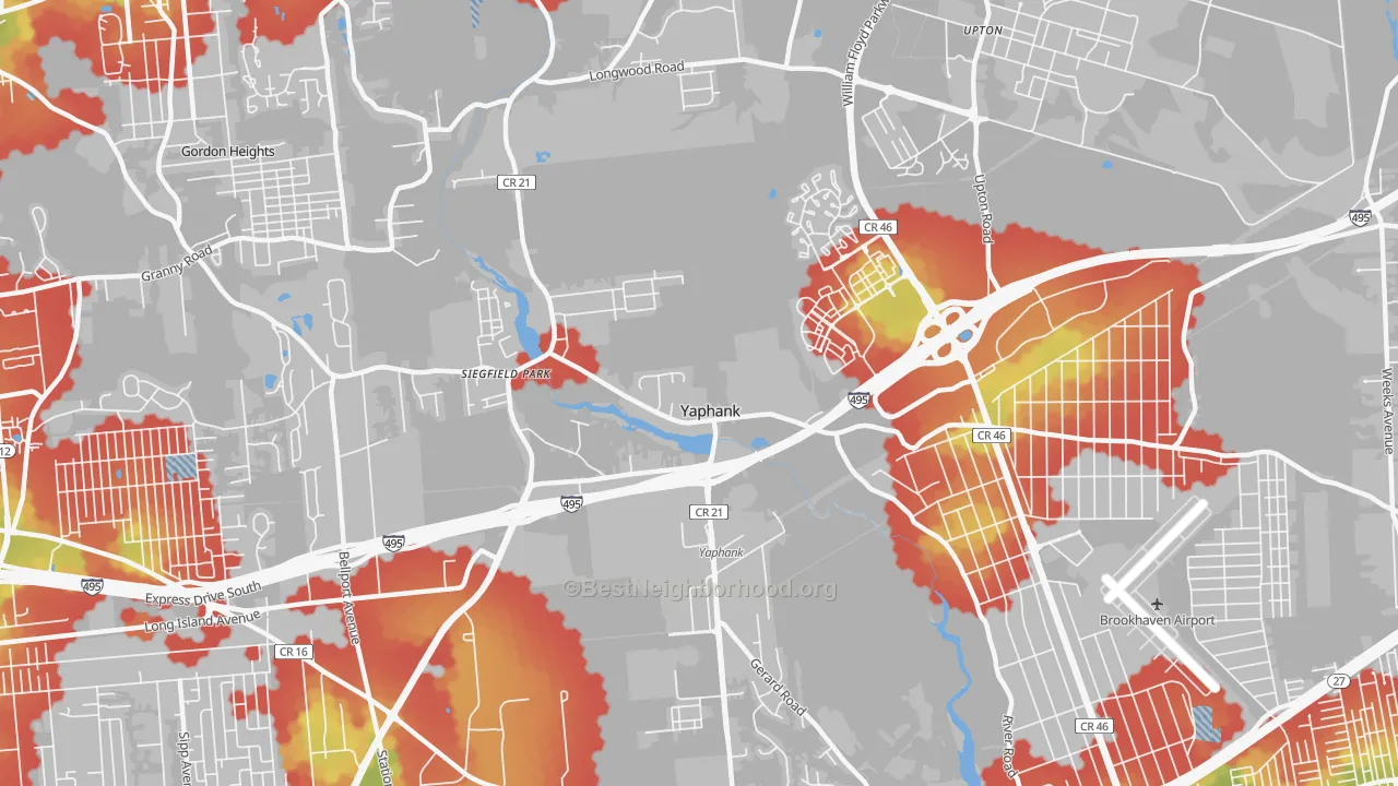 Walk Grade map of Yaphank, NY, walkable areas in green and car-dependent areas in red