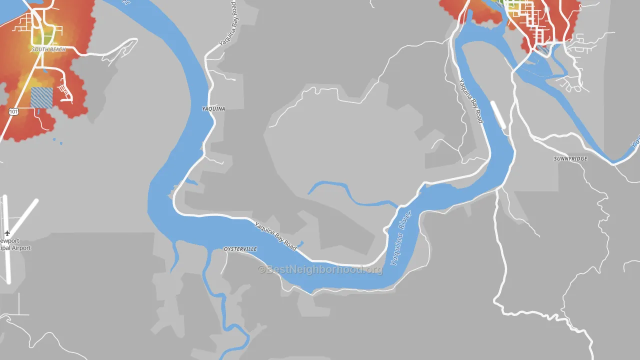 Walk Grade map of Yaquina, OR, walkable areas in green and car-dependent areas in red