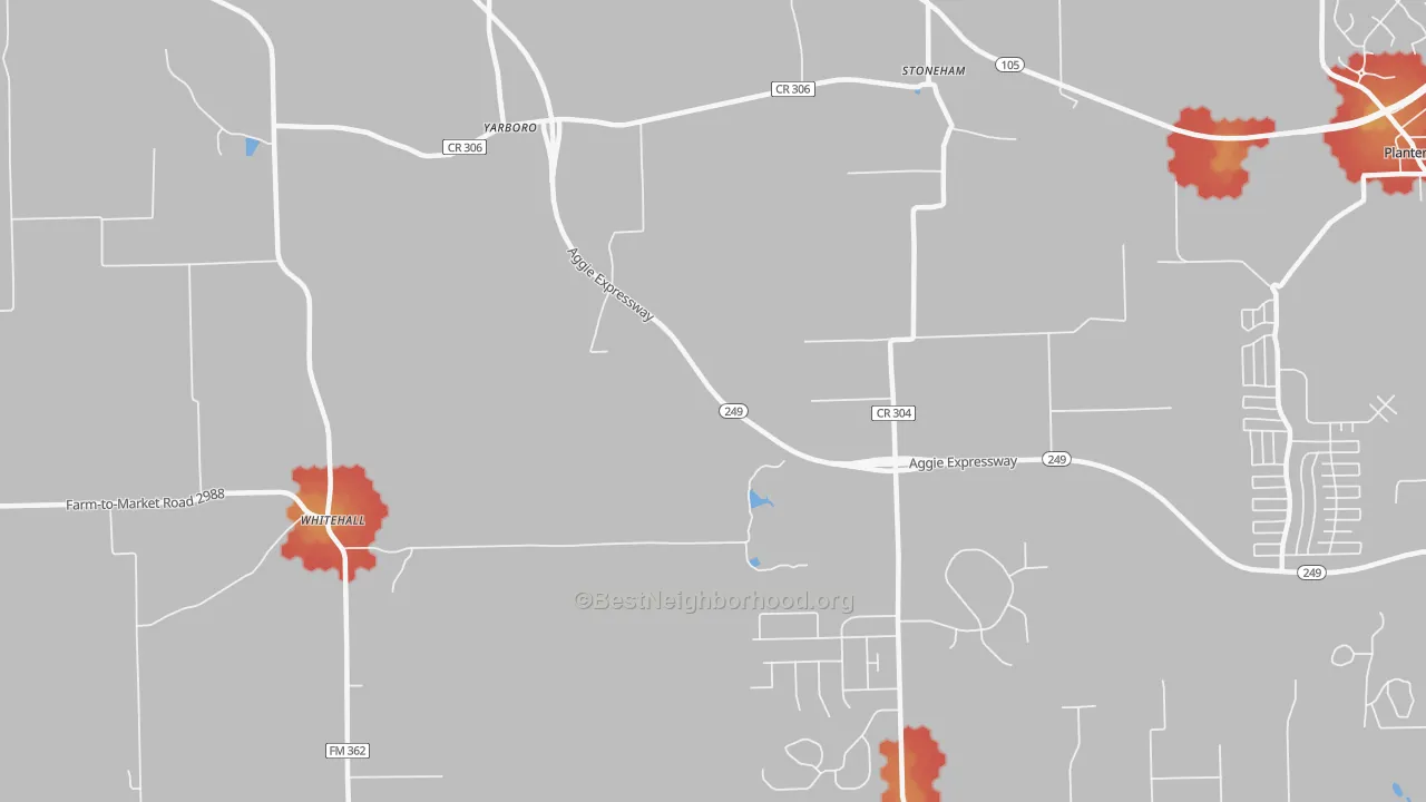Walk Grade map of Yarboro, TX, walkable areas in green and car-dependent areas in red