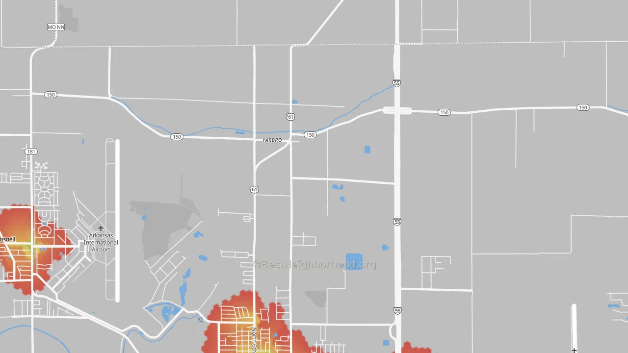Walk Grade map of Yarbro, AR, walkable areas in green and car-dependent areas in red