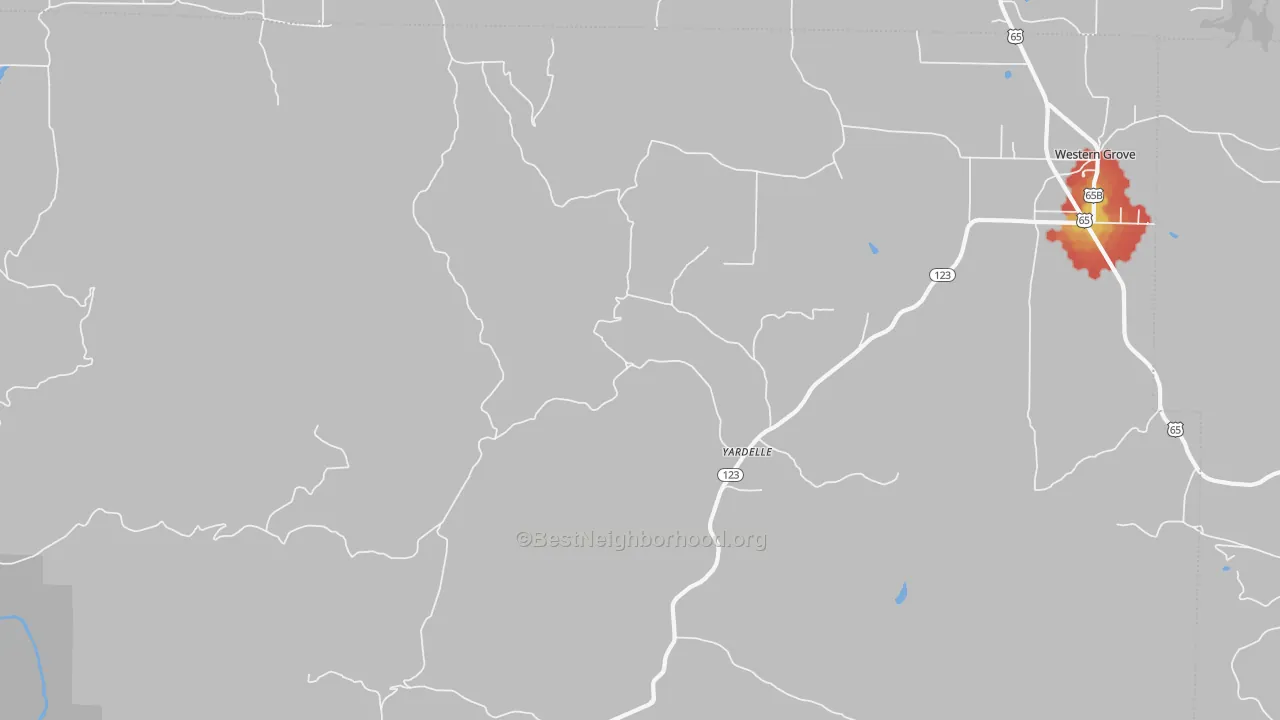 Walk Grade map of Yardelle, AR, walkable areas in green and car-dependent areas in red