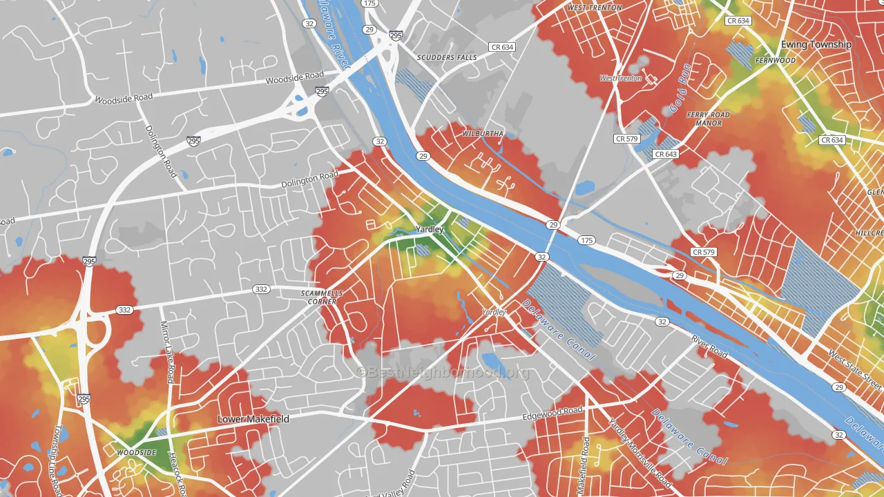 Walk Grade map of Yardley, PA, walkable areas in green and car-dependent areas in red