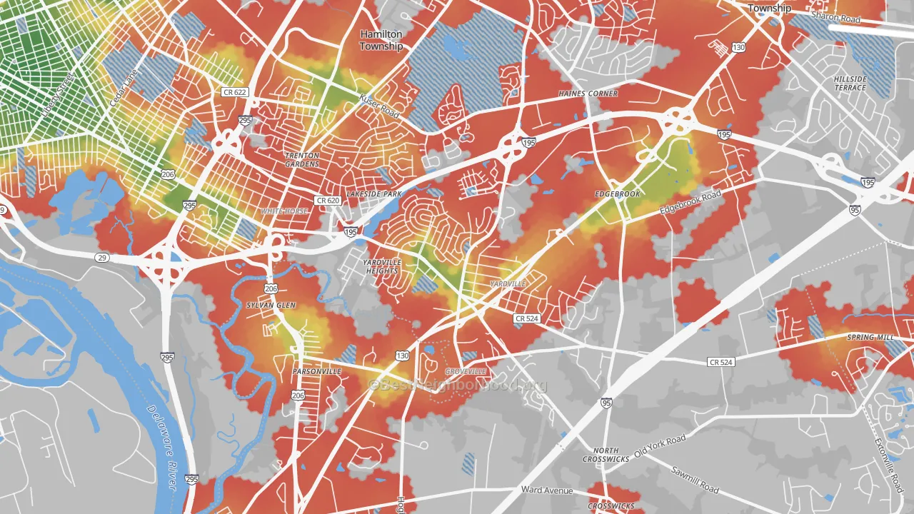 Walk Grade map of Yardville, NJ, walkable areas in green and car-dependent areas in red