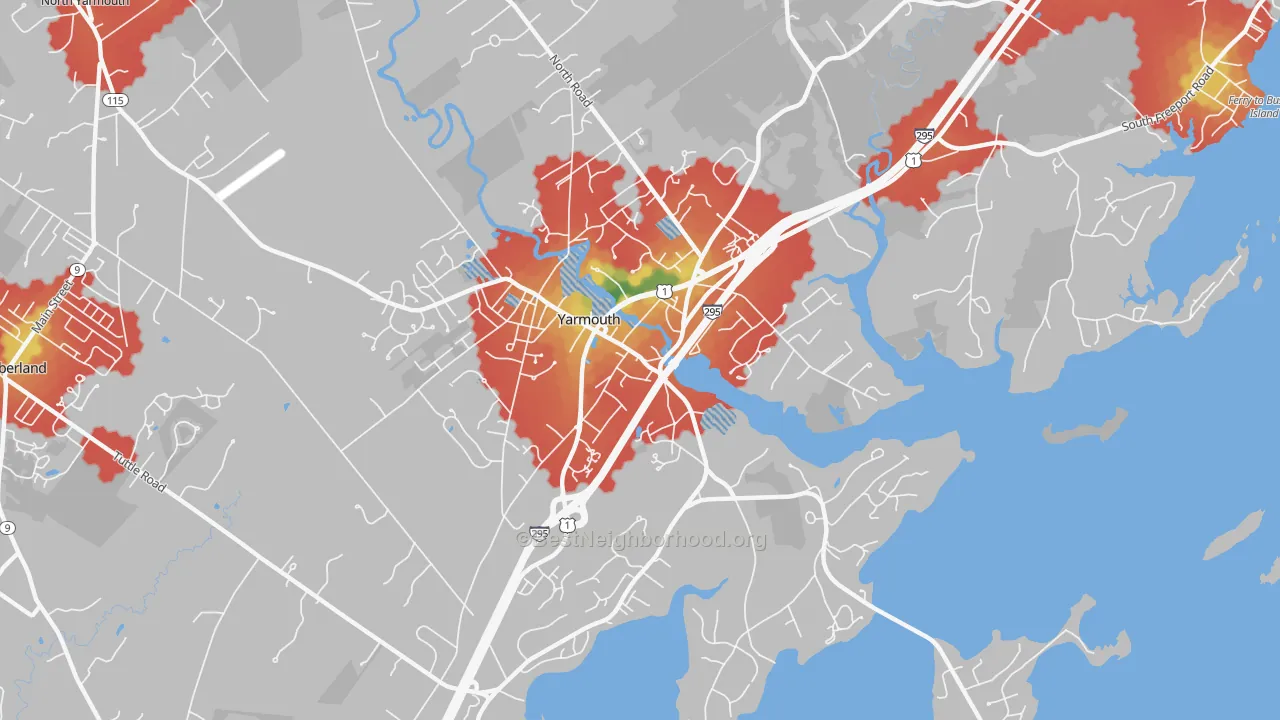 Walk Grade map of Yarmouth, ME, walkable areas in green and car-dependent areas in red