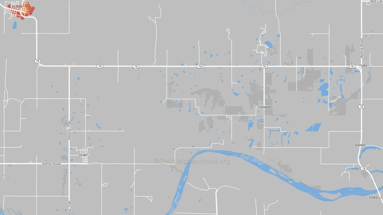 Walk Grade map of Yarnaby, OK, walkable areas in green and car-dependent areas in red