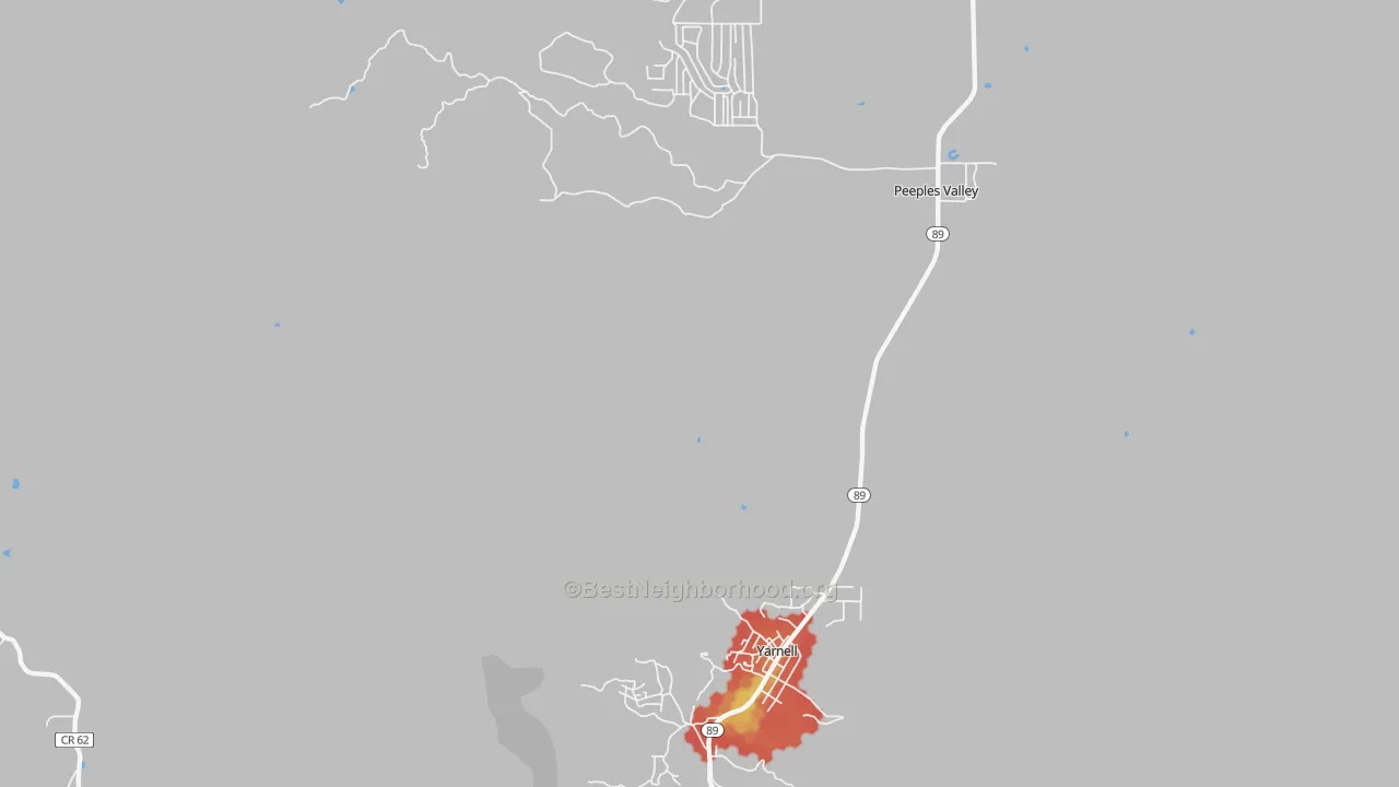 Walk Grade map of Yarnell, AZ, walkable areas in green and car-dependent areas in red