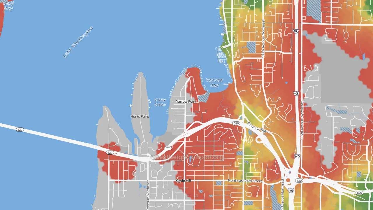 Walk Grade map of Yarrow Point, WA, walkable areas in green and car-dependent areas in red