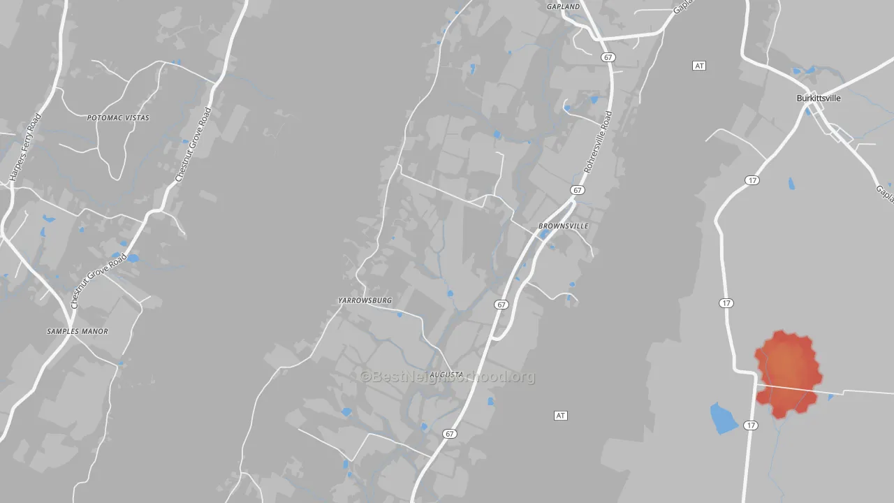 Walk Grade map of Yarrowsburg, MD, walkable areas in green and car-dependent areas in red