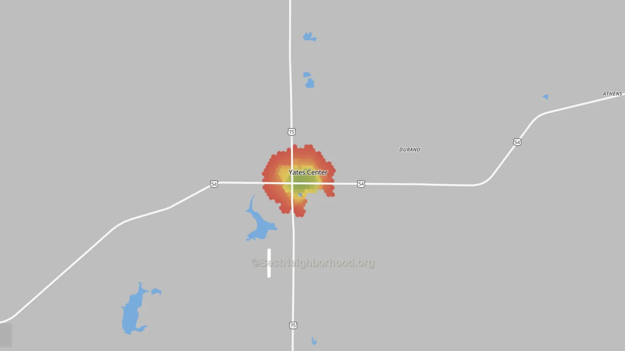 Walk Grade map of Yates Center, KS, walkable areas in green and car-dependent areas in red
