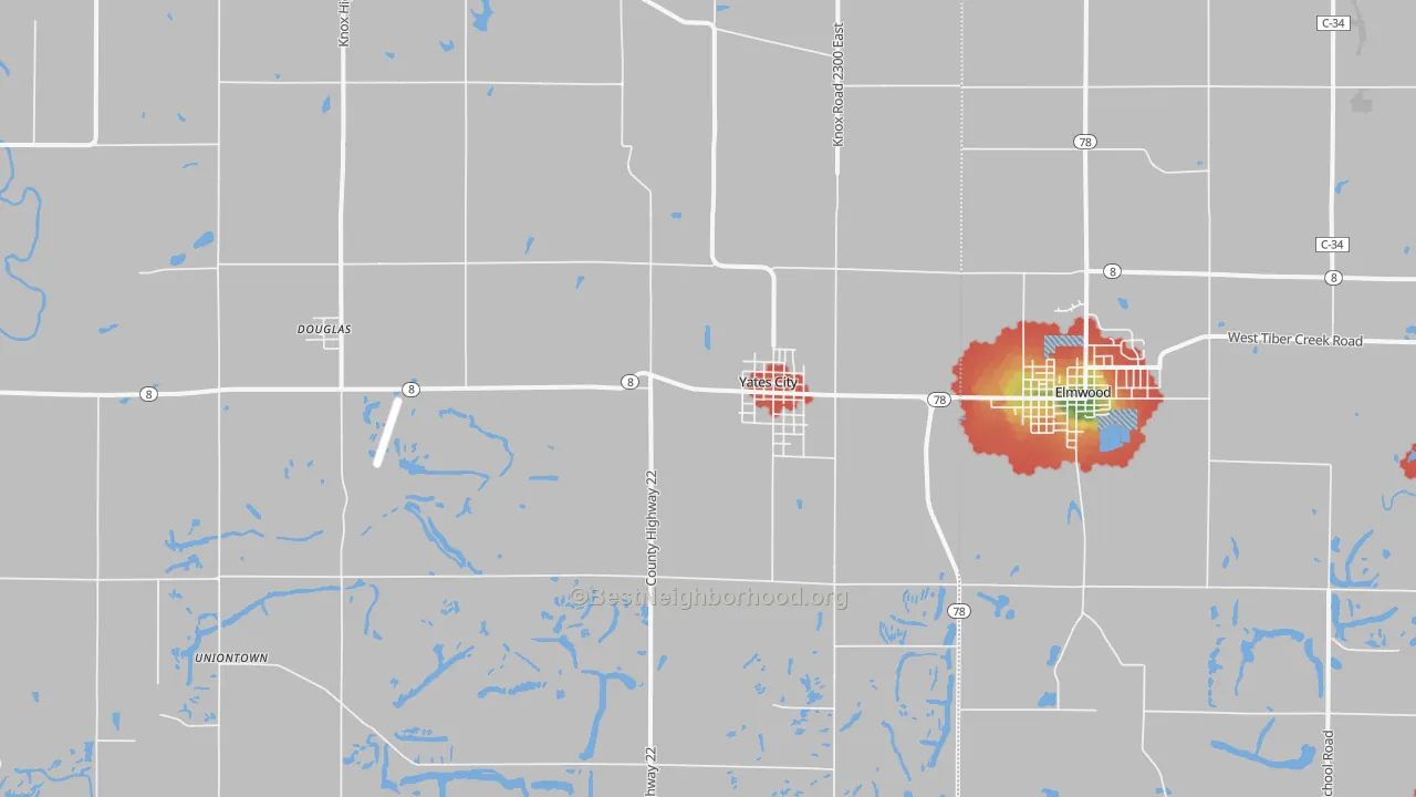 Walk Grade map of Yates City, IL, walkable areas in green and car-dependent areas in red