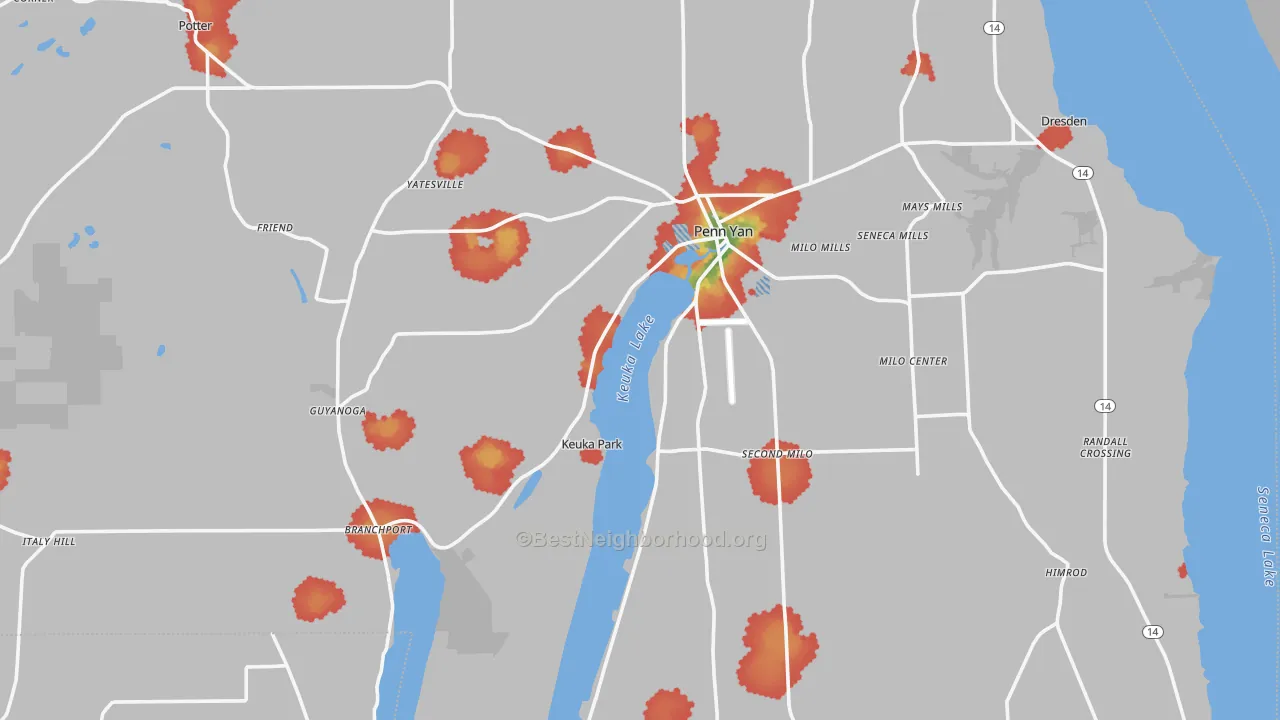 Walk Grade map of Yates County, NY, walkable areas in green and car-dependent areas in red