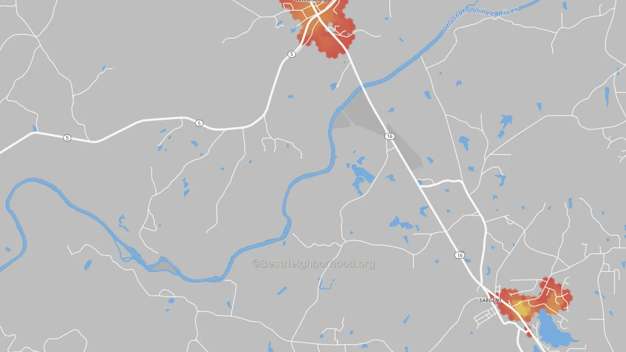 Walk Grade map of Yates, GA, walkable areas in green and car-dependent areas in red