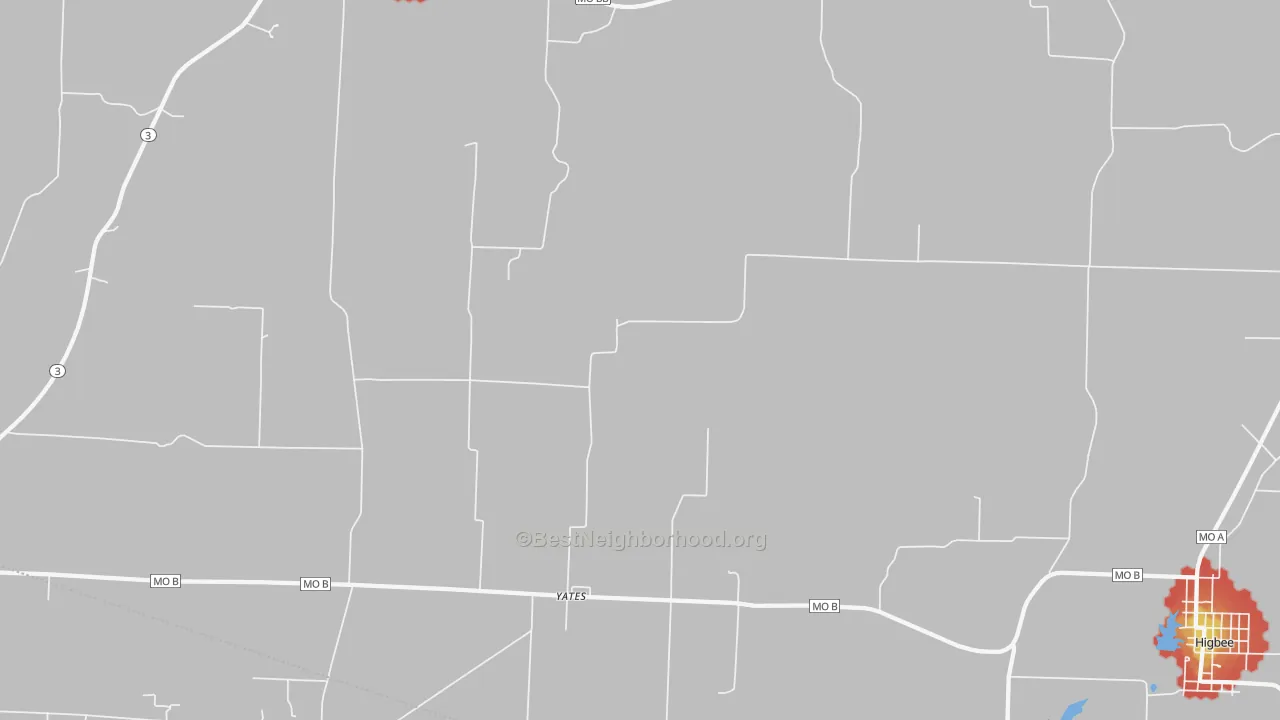 Walk Grade map of Yates, MO, walkable areas in green and car-dependent areas in red