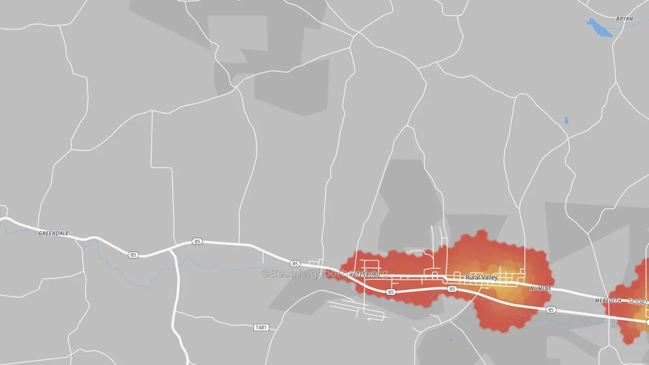Walk Grade map of Yatesboro, PA, walkable areas in green and car-dependent areas in red