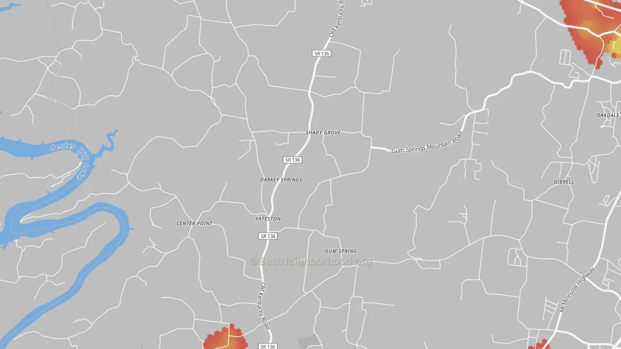 Walk Grade map of Yateston, TN, walkable areas in green and car-dependent areas in red