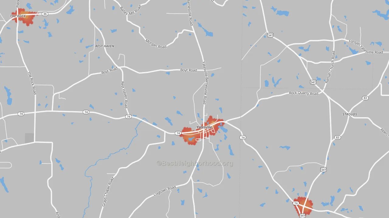 Walk Grade map of Yatesville, GA, walkable areas in green and car-dependent areas in red