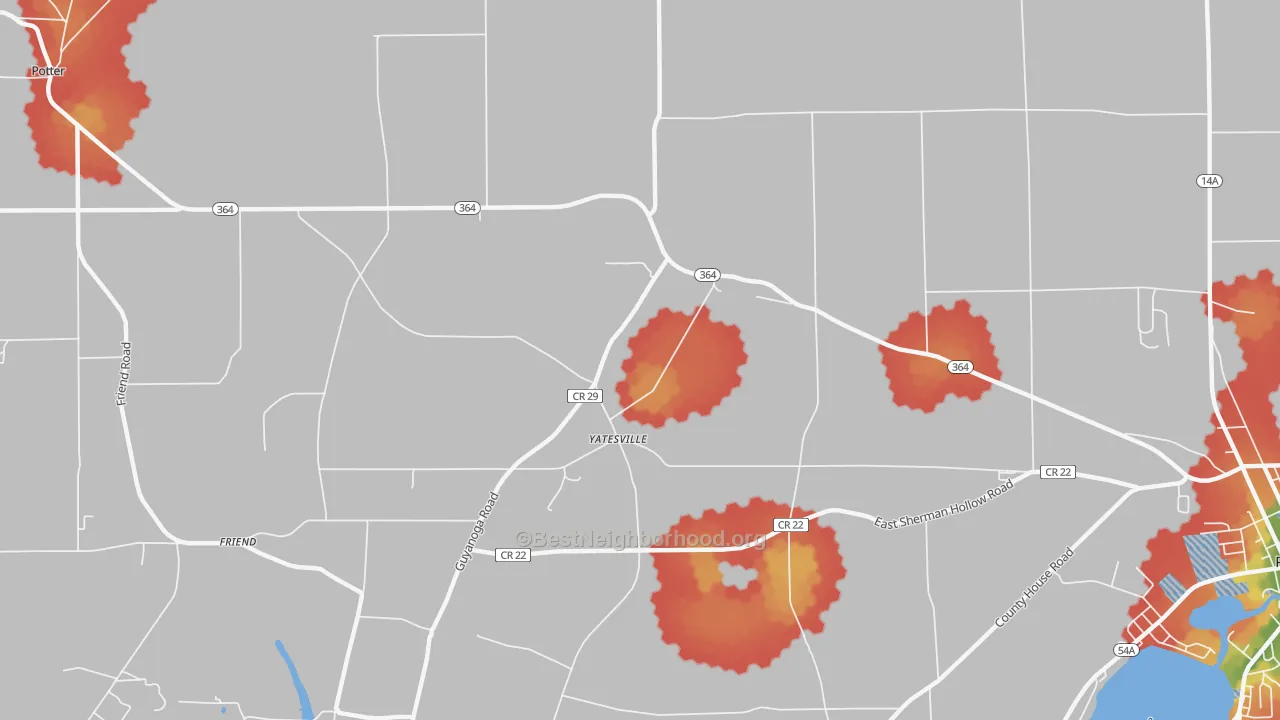 Walk Grade map of Yatesville, NY, walkable areas in green and car-dependent areas in red